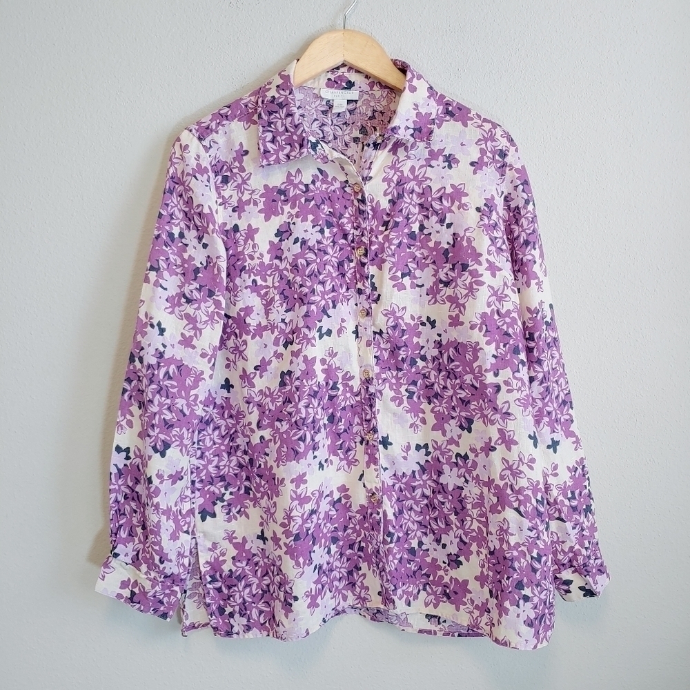 Charter Club Women's Petite Linen Floral Button-Down Blouse Sz MP